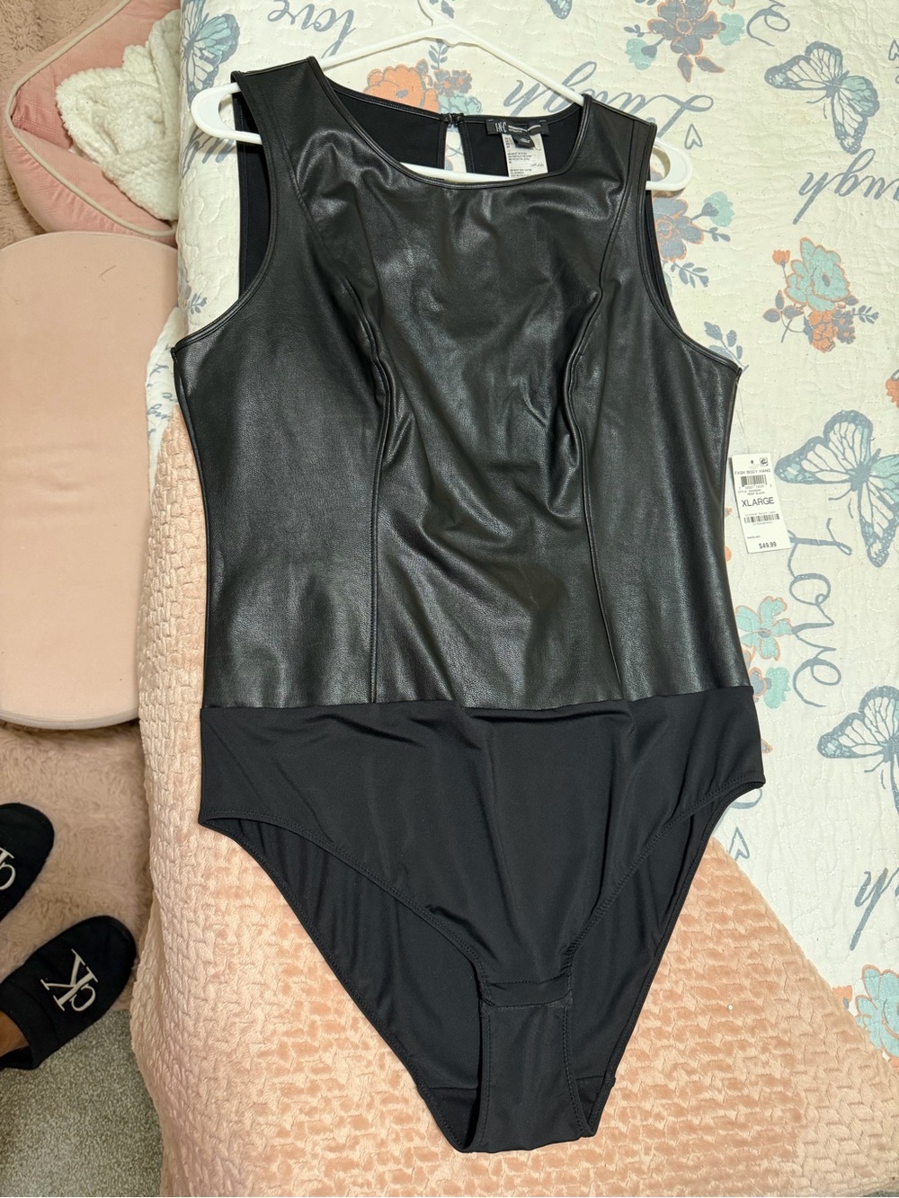 INC International Concepts Black Faux-Leather Panel One-Piece Swimsuit